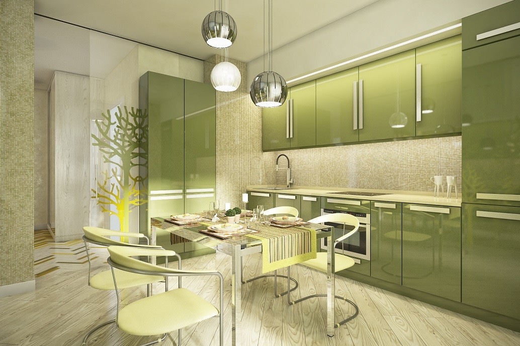 Дизайн интерьера гостиной комнаты, объединенной с кухней, в жилом доме RicheVille в г. Хабаровске