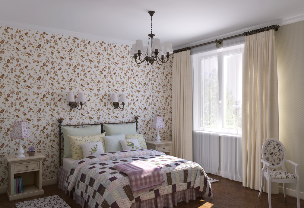 Дизайн спальной комнаты в стиле Кантри Хабаровск. Покрывало пэтчворк. Обои с птичками