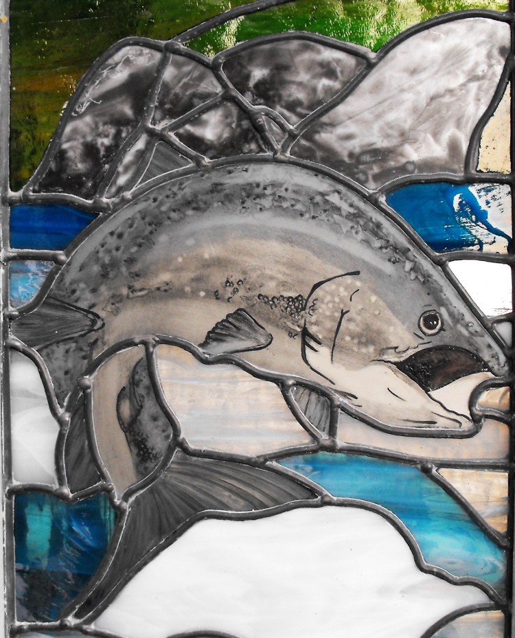 leaping salmon painting stained glass
