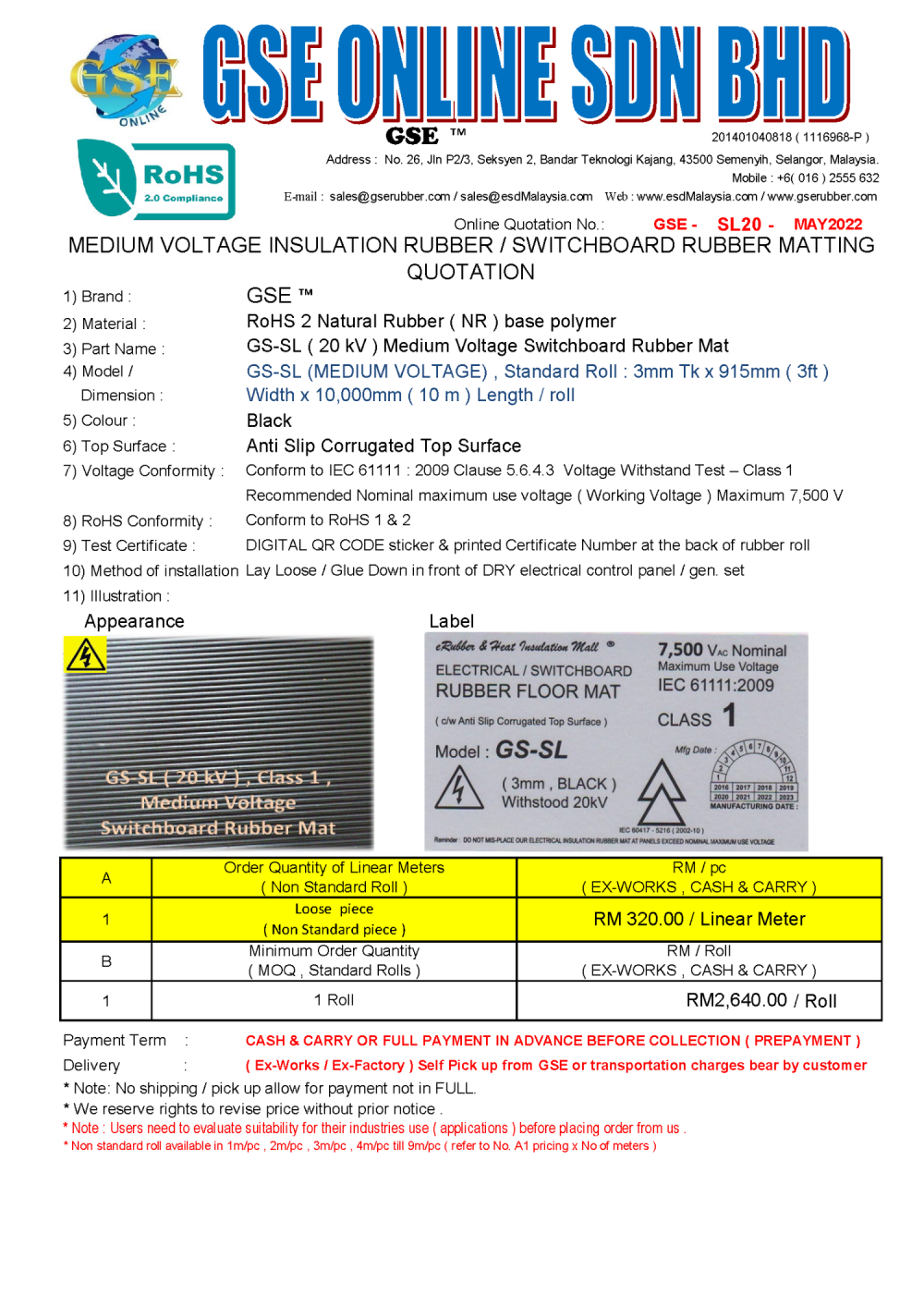 Medium Voltage Insulation Rubber Mat Malaysia